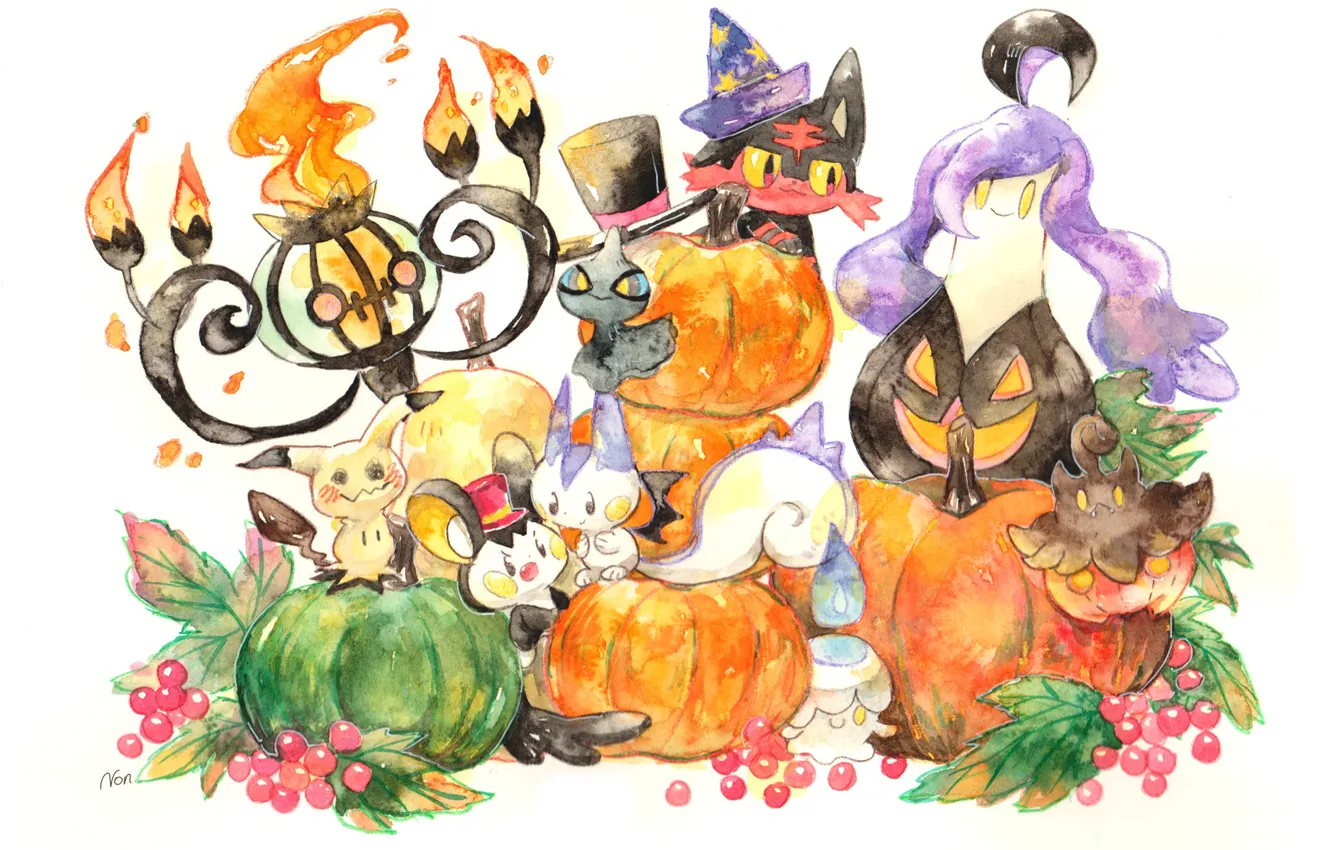Photo wallpaper fiction, Halloween, Mimikyu, Pokémon, Pachirisu, Shuppet, Chandelure, Emolga