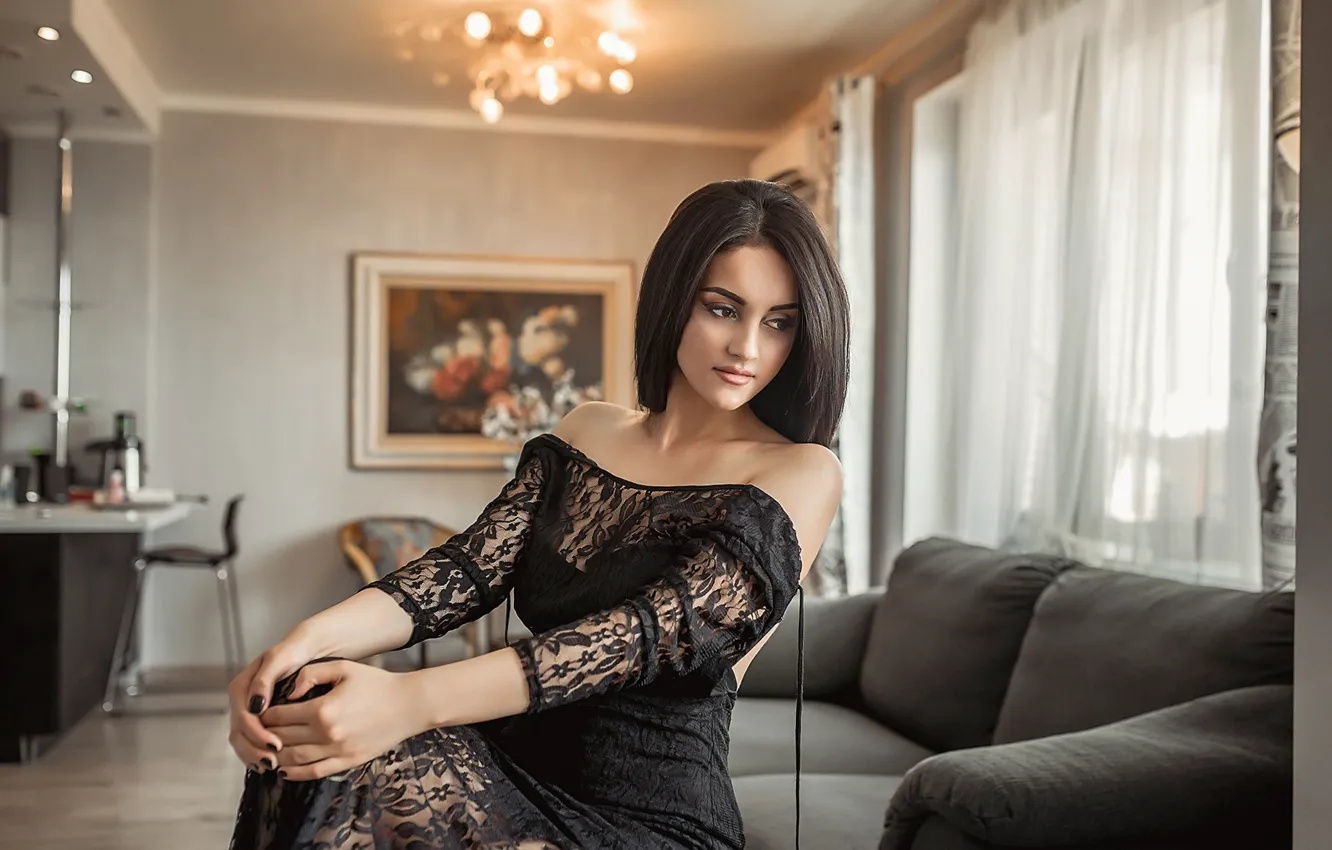 Photo wallpaper girl, pose, room, dress, beautiful, shoulders