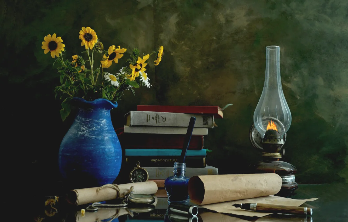 Photo wallpaper flowers, watch, books, lamp, still life, scroll, ink