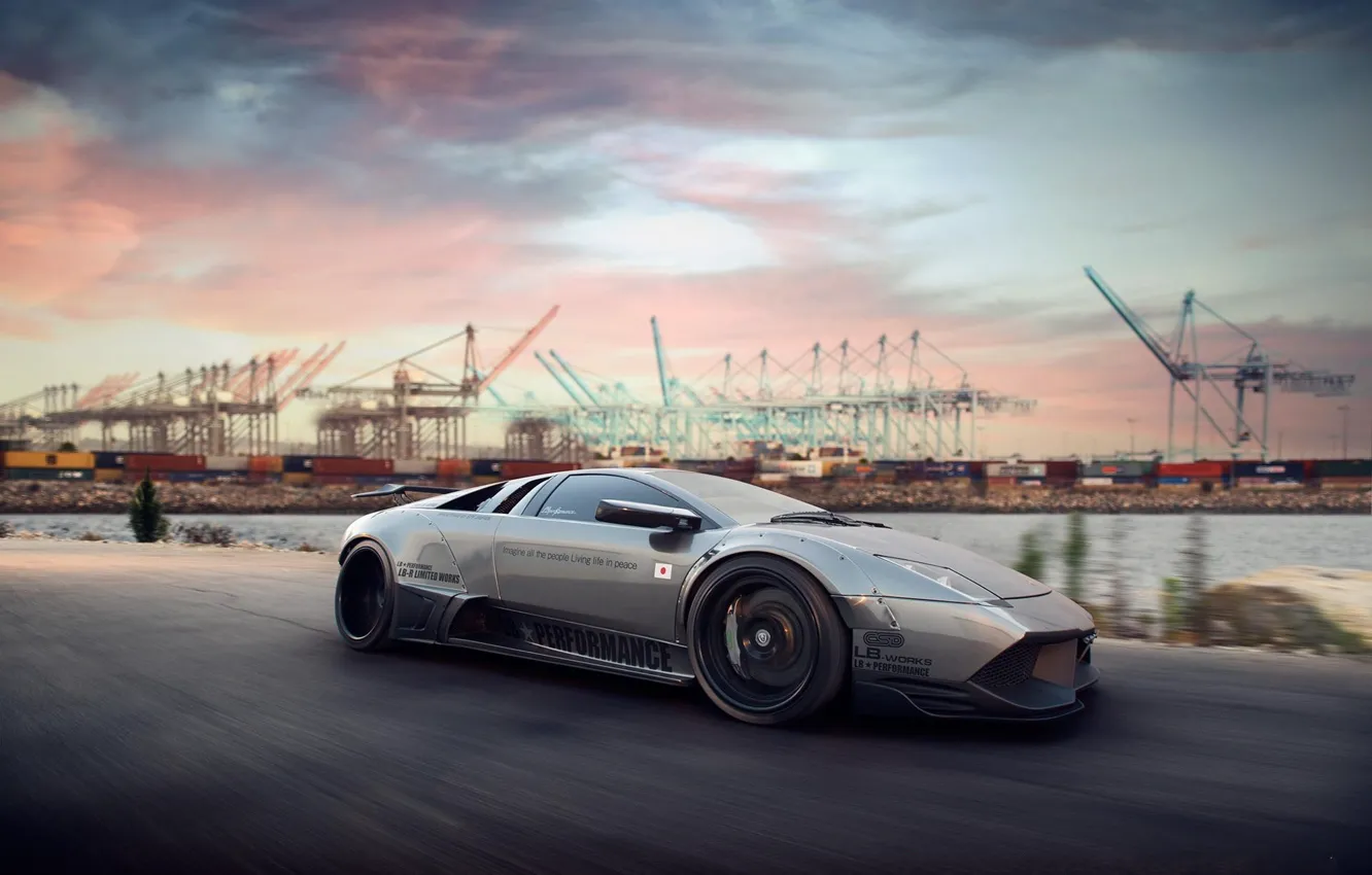 Photo wallpaper road, the sky, clouds, grey, speed, port, lamborghini, front view