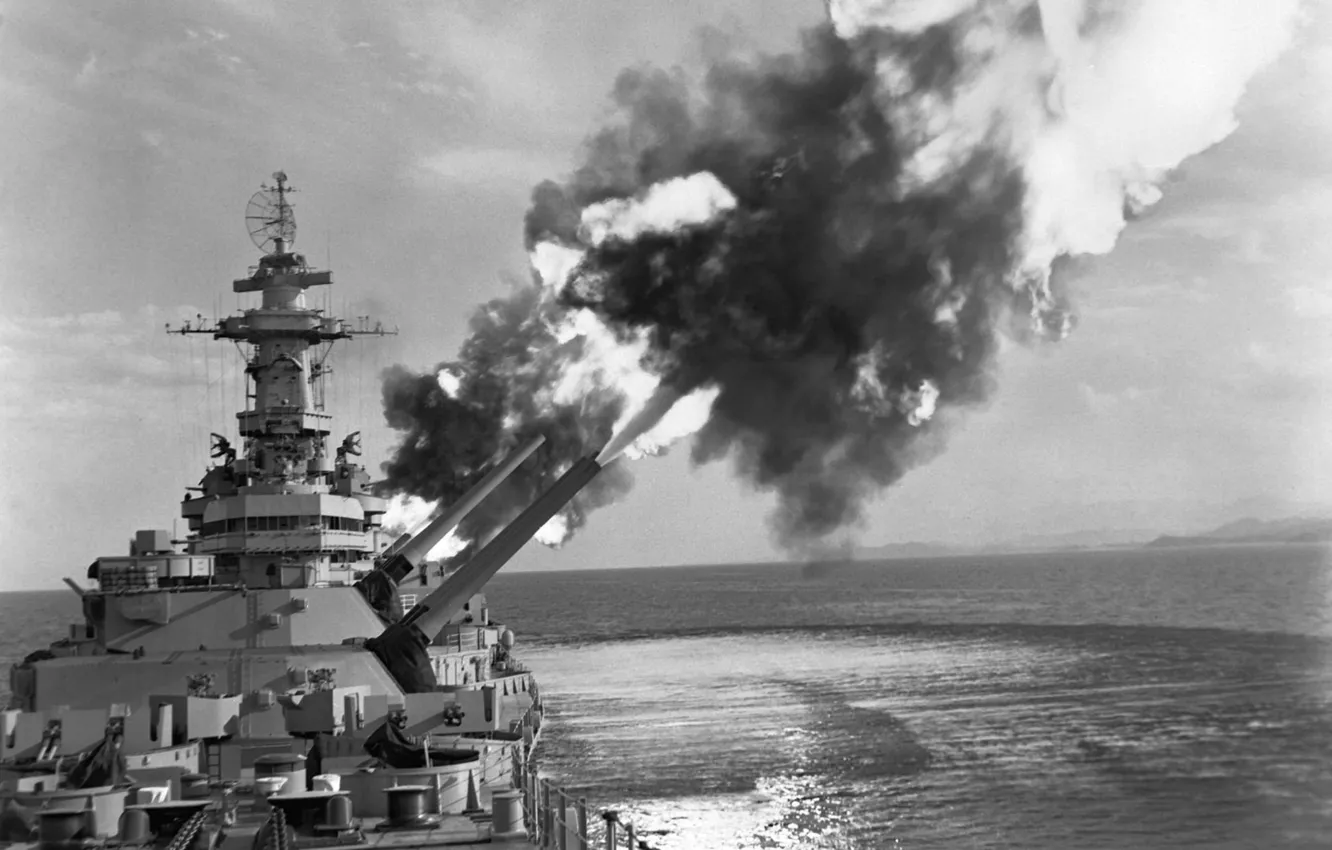 Photo wallpaper sea, black and white, volley, Chronicles, battleship