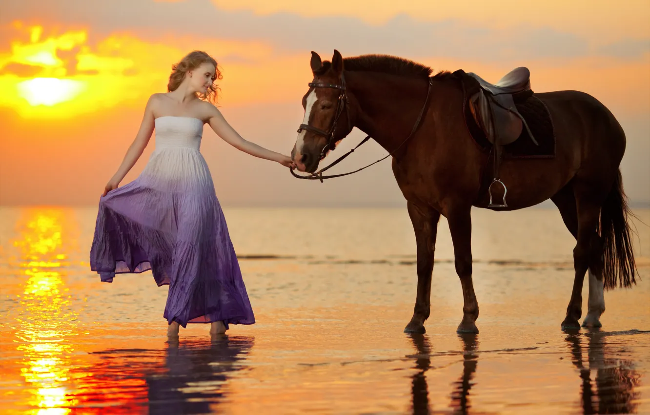 Photo wallpaper sea, girl, sunset, coast, horse, girl, sea, coast