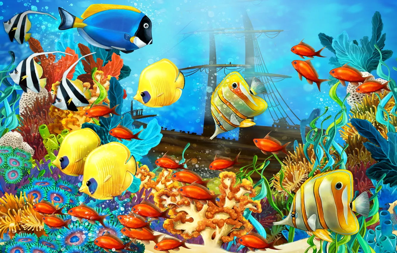 Photo wallpaper fish, ship, sailboat, corals, the bottom of the sea