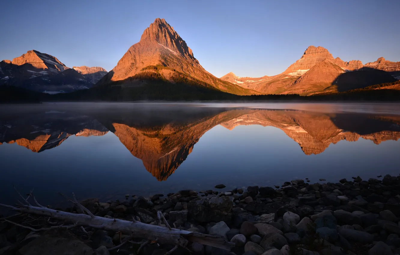 Photo wallpaper Mountain, Evening, Lake, Stones