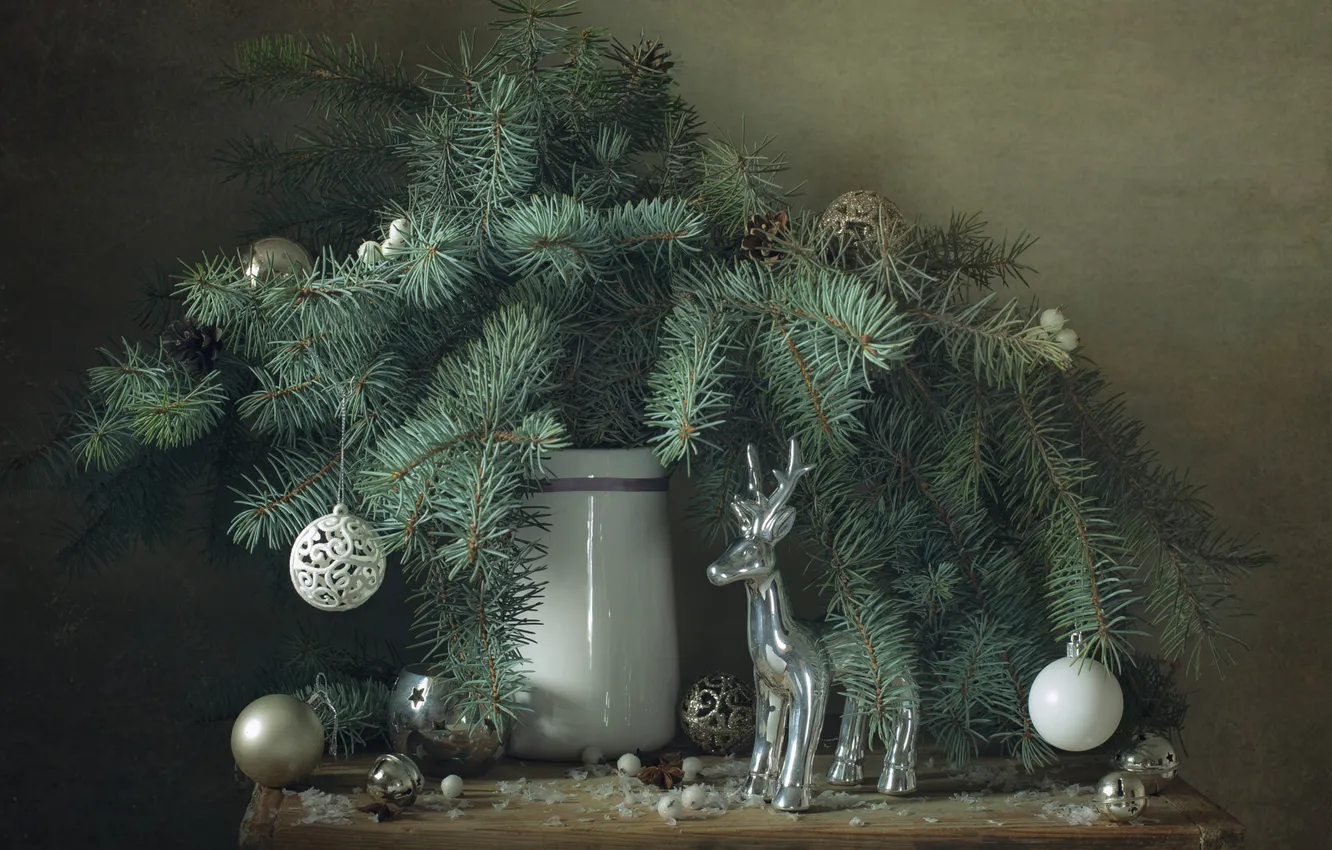 Photo wallpaper balls, branches, table, new year, bouquet, deer, Christmas, pitcher