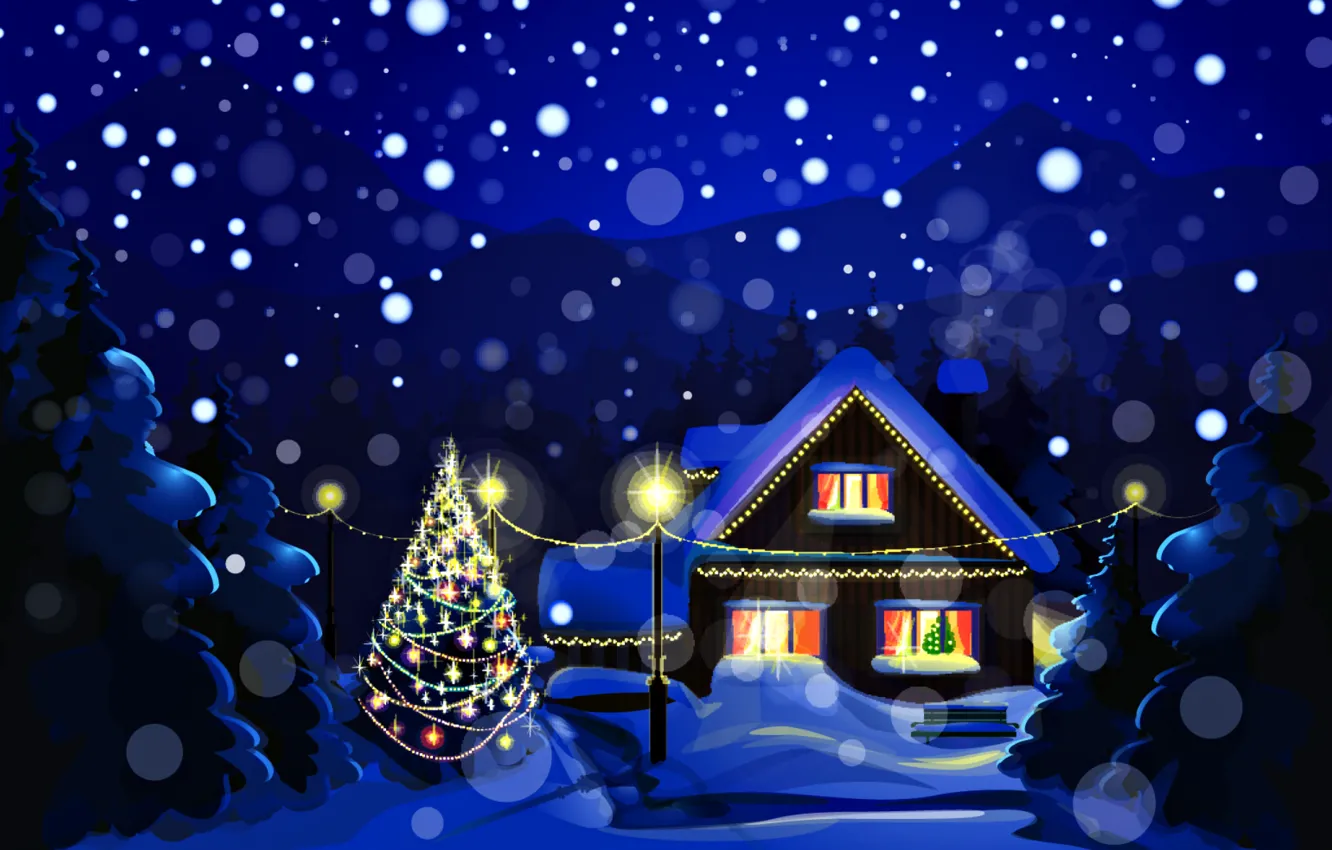 Photo wallpaper winter, snow, landscape, night, nature, holiday, tree, home