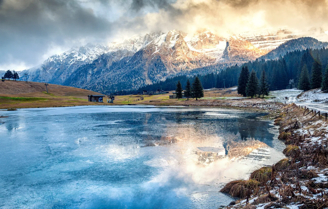 Photo wallpaper winter, water, trees, landscape, mountains, nature, lake, Alps