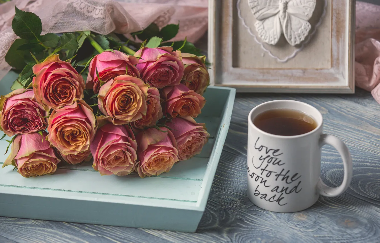 Photo wallpaper roses, bouquet, Cup, tray, Azerbaijan Stockers