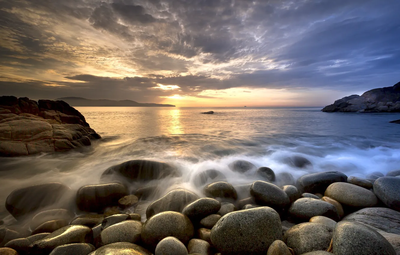 Photo wallpaper sea, beach, sunset, stones, Nature