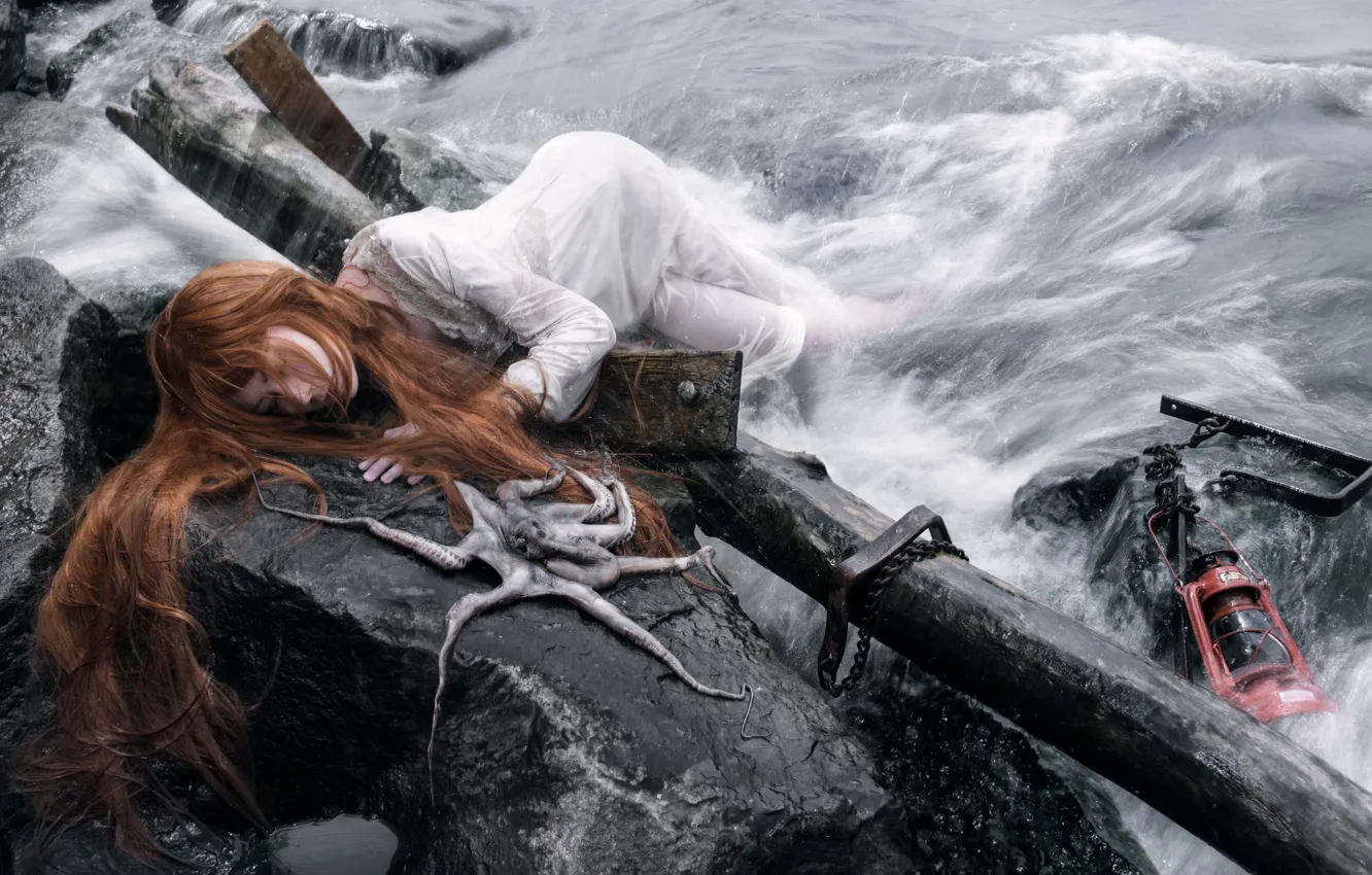 Photo wallpaper octopus, conceptual, castaway, Shipwrecked