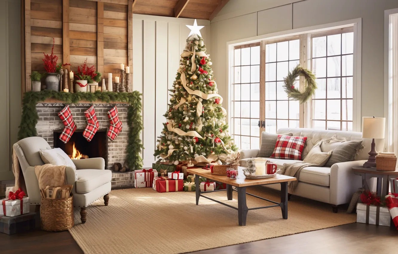 Photo wallpaper decoration, room, balls, tree, new year, home, interior, Christmas