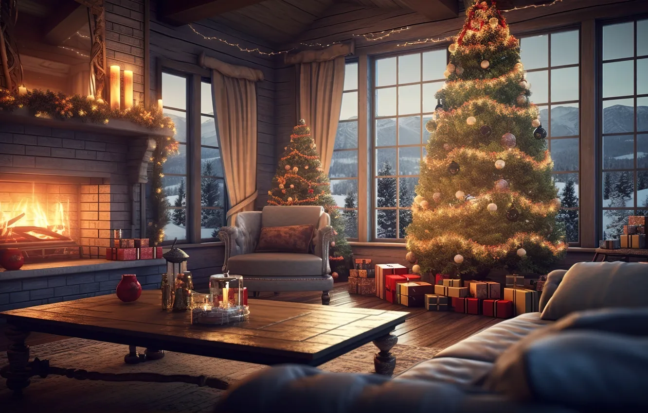 Photo wallpaper winter, decoration, room, gift, balls, tree, new year, interior