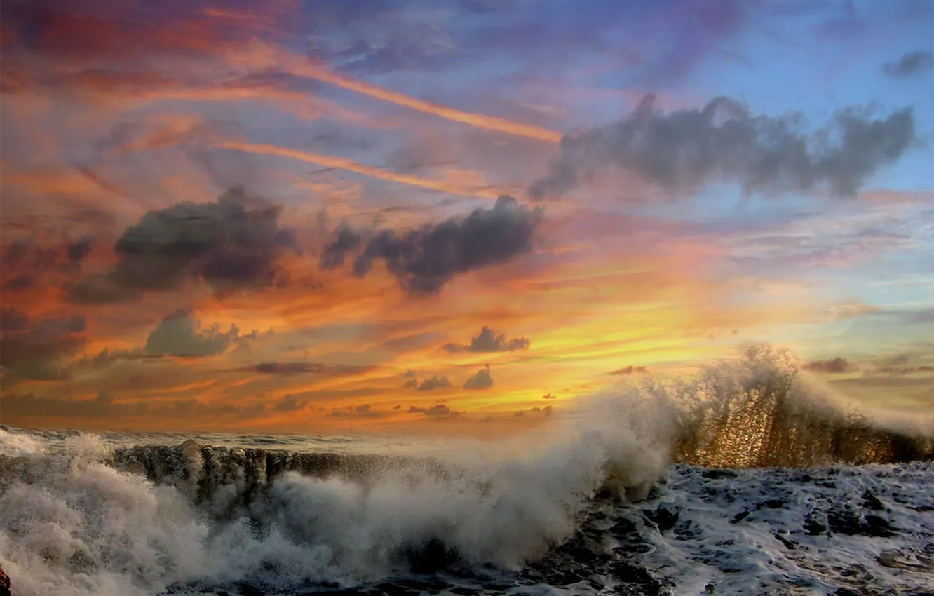 Photo wallpaper clouds, sunset, Wave