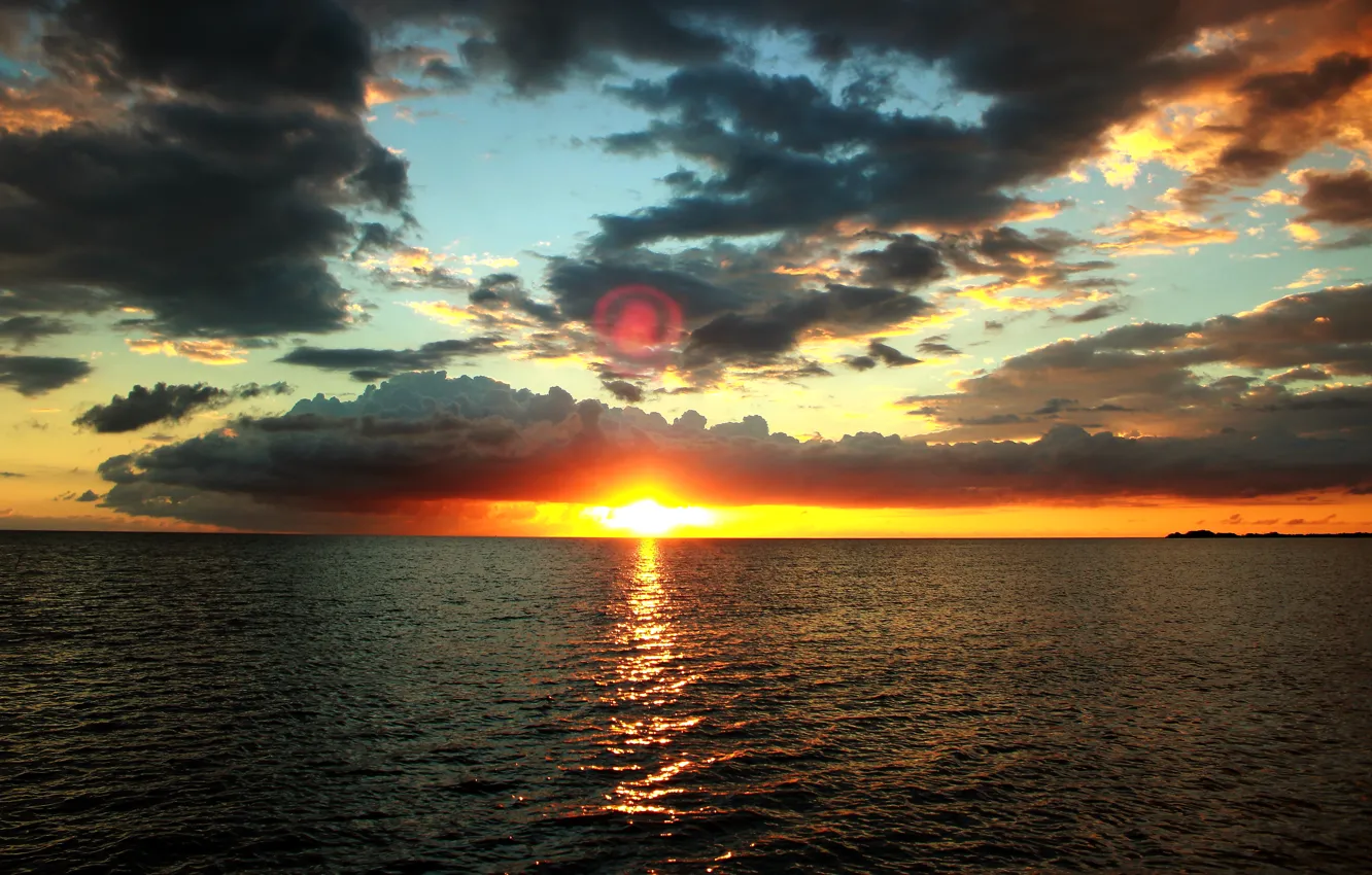 Photo wallpaper sea, the sky, water, the sun, clouds, sunset, the evening, horizon