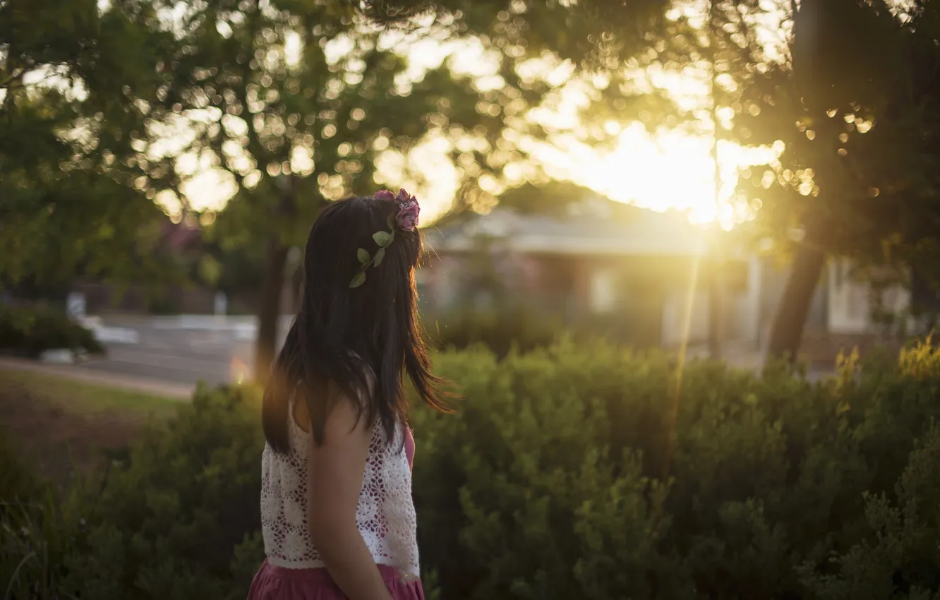 Photo wallpaper greens, summer, girl, the sun, trees, flowers, brunette, wreath