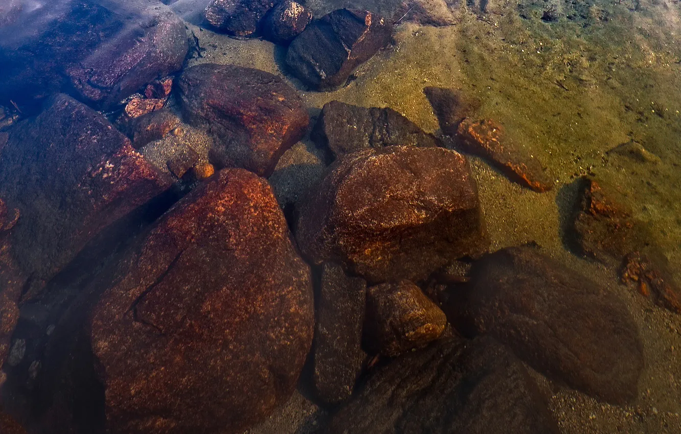 Photo wallpaper water, transparency, lake, stones, the bottom