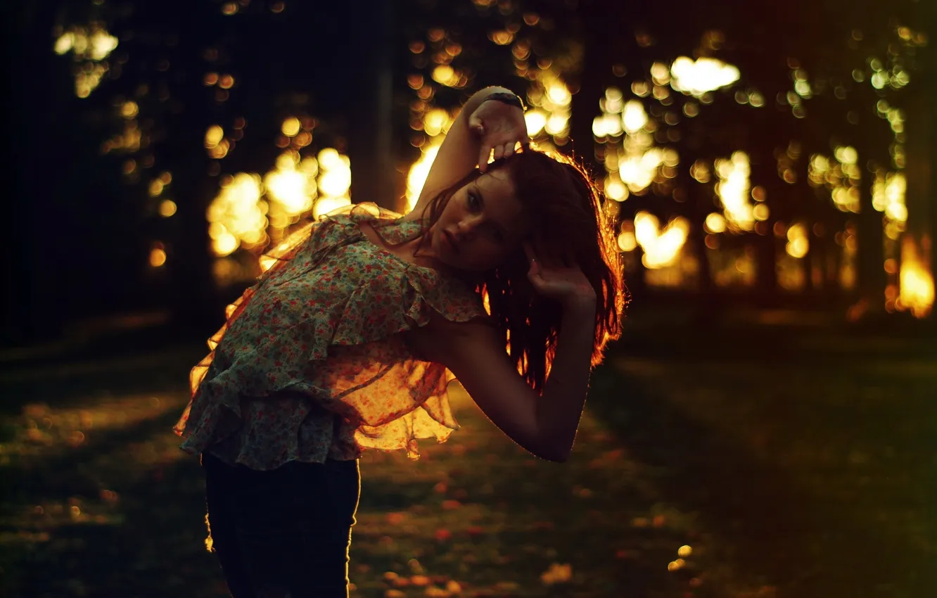 Photo wallpaper greens, forest, trees, nature, jeans, brown hair