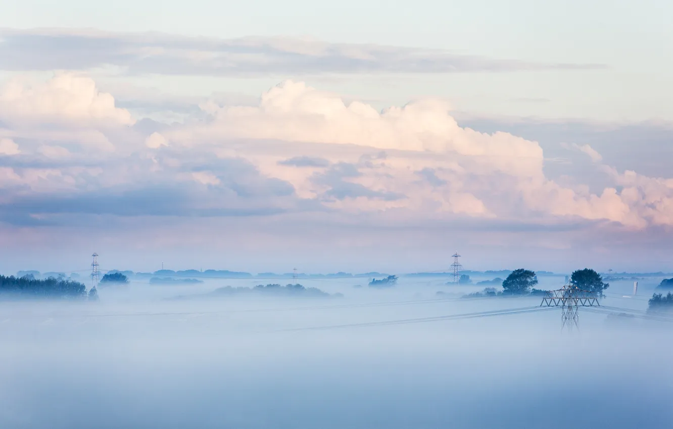 Photo wallpaper the sky, clouds, trees, fog, horizon, tower
