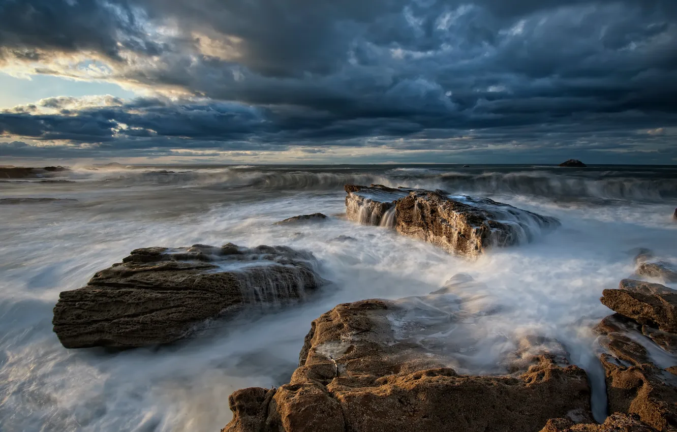 Photo wallpaper sea, wave, the sky, clouds, stones, rocks