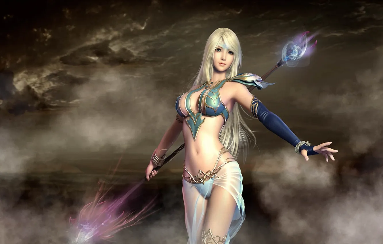 Photo wallpaper girl, magic, smoke, staff, spear, Perfect World International, Descent