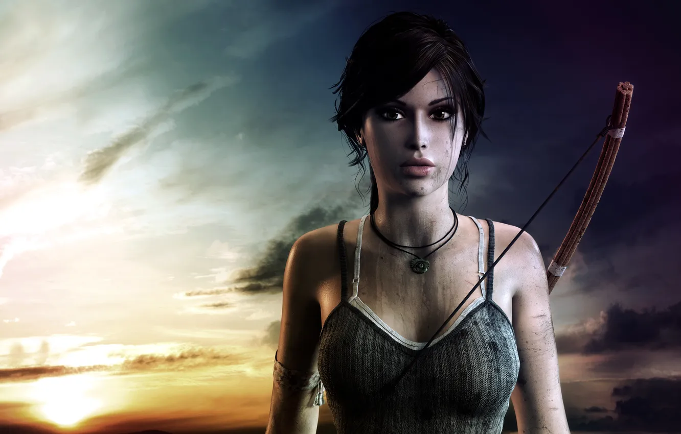 Photo wallpaper sunset, bow, beautiful, Tomb Raider, string, Lara Croft