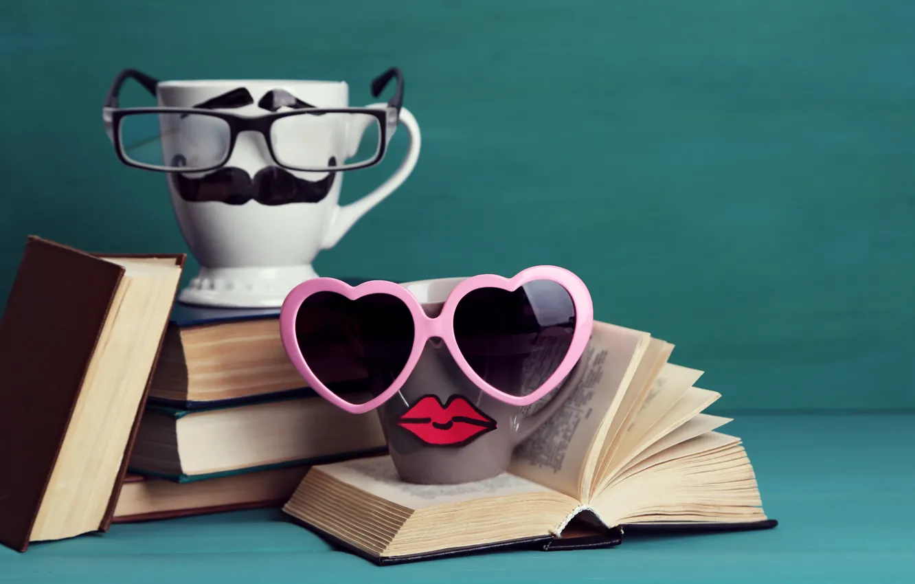 Photo wallpaper coffee, glasses, mug, book, cup, lips, funny, glasses