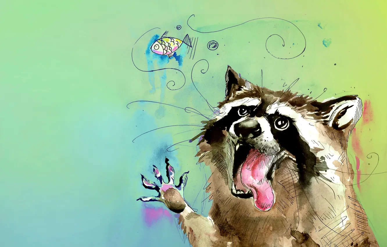 Photo wallpaper language, animal, figure, color, fish, watercolor, raccoon, bubble