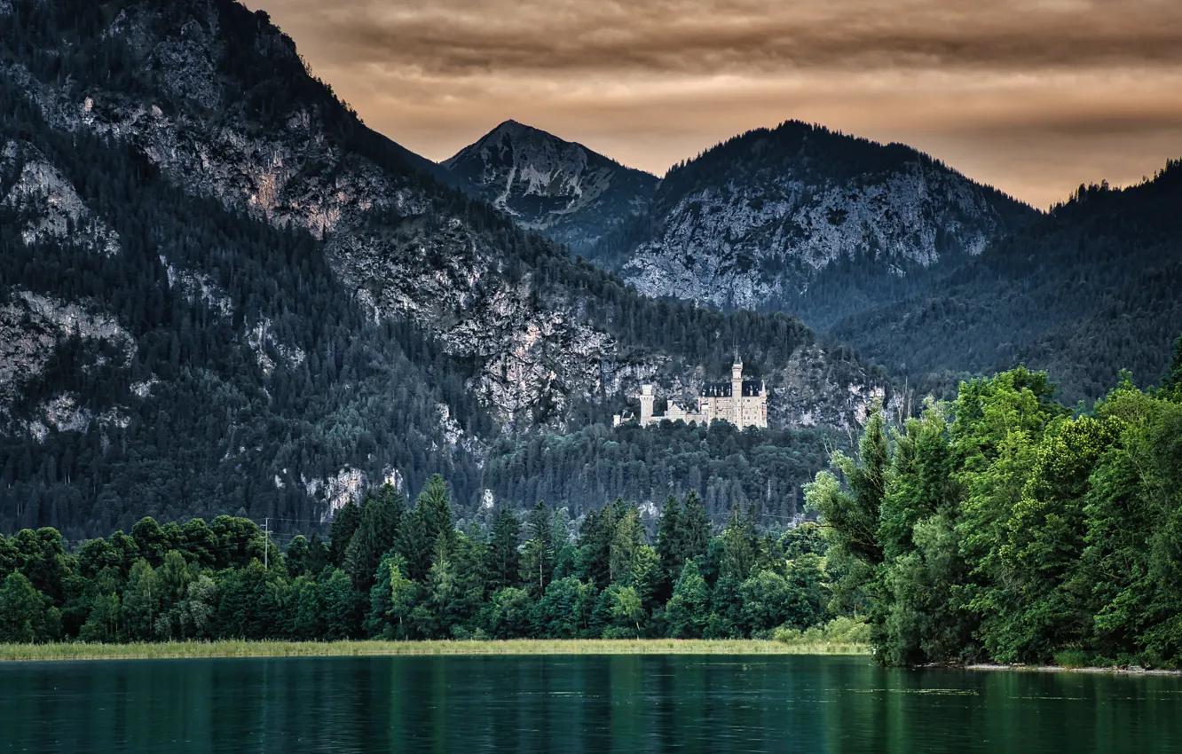 Photo wallpaper forest, trees, mountains, lake, castle, Germany, Bayern, Germany