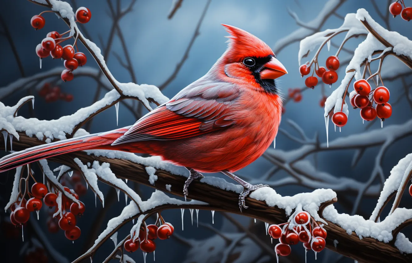 Photo wallpaper winter, look, snow, branches, berries, bird, branch, icicles