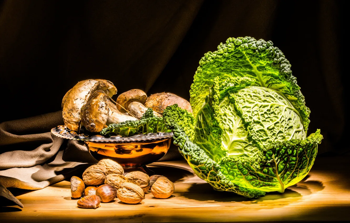 Photo wallpaper nuts, still life, cabbage