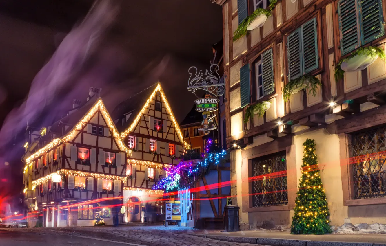 Photo wallpaper night, lights, France, Christmas, Colmar
