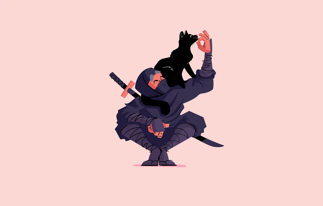 Photo wallpaper cat, pose, black, Ninja, ninja
