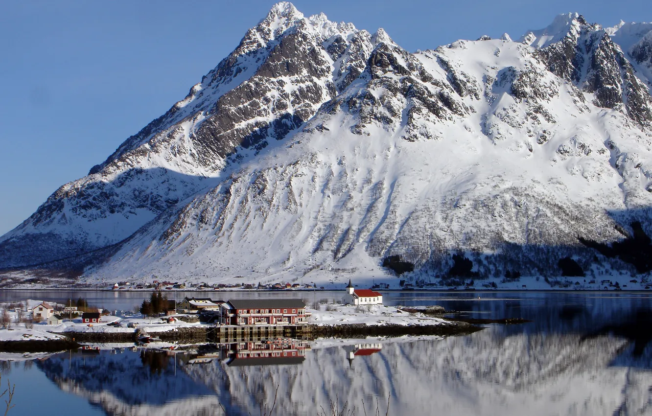 Photo wallpaper winter, snow, mountains, home, Norway, Church, Bay, Cape
