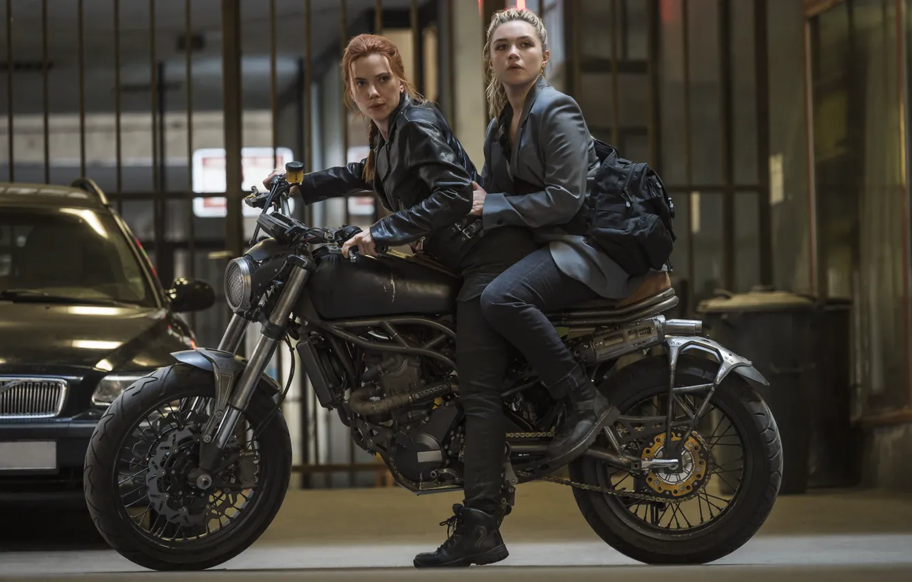 Photo wallpaper Scarlett Johansson, motorcycle, redhead, blonde, Black Widow, Natasha Romanoff, motorbike, Marvel Studios