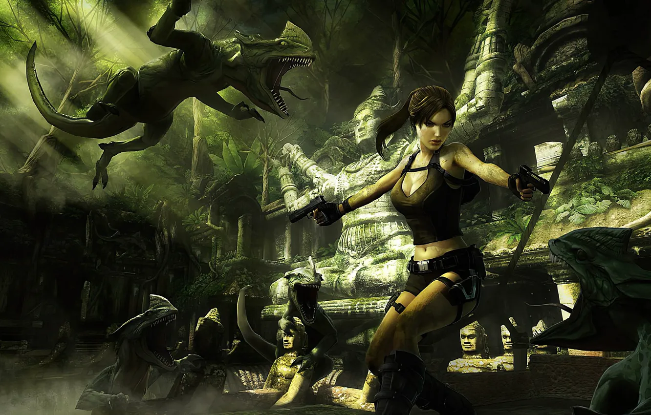 Photo wallpaper girl, dinosaur, Tomb Raider, Lara Croft, Tomb Raider: Underworld