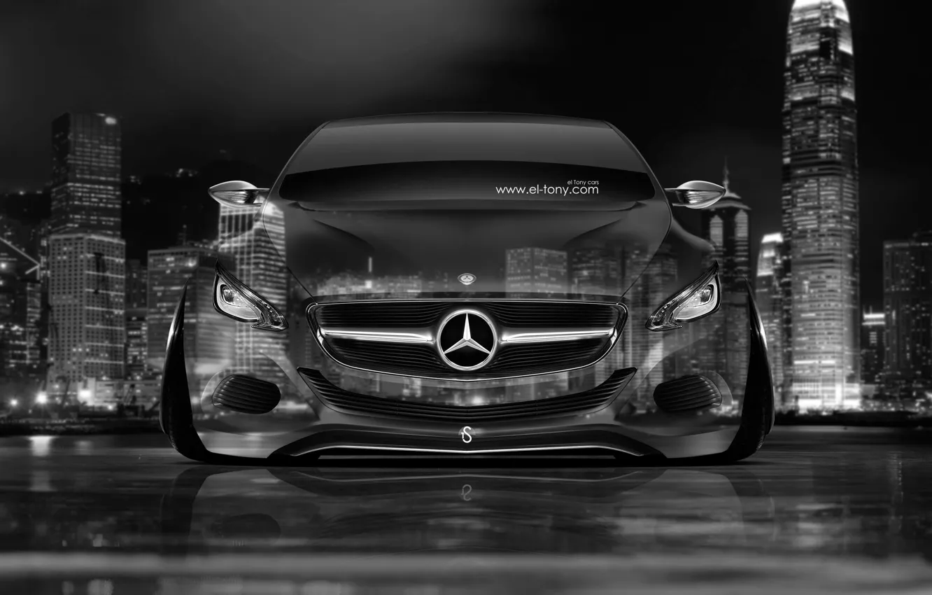 Photo wallpaper Mercedes-Benz, Auto, Night, The city, Machine, Mercedes, Black And White, Wallpaper