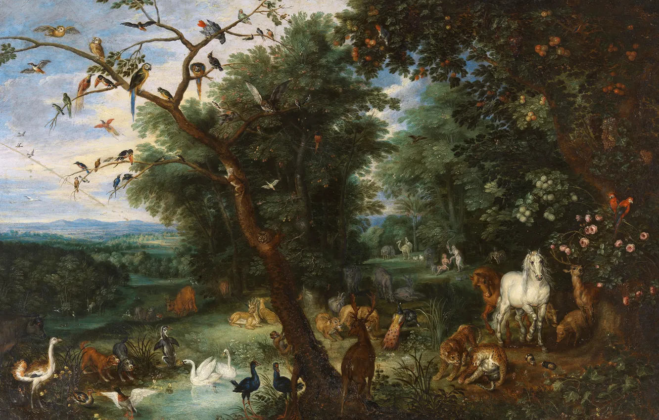 Photo wallpaper picture, mythology, Jan Brueghel the elder, Adam and eve in the Garden of Eden