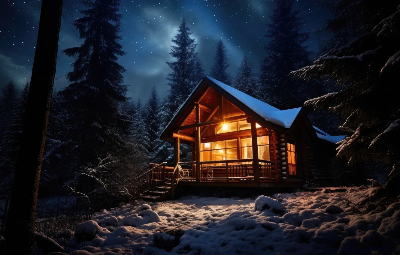 Photo wallpaper winter, forest, snow, mountains, night, nature, house, house