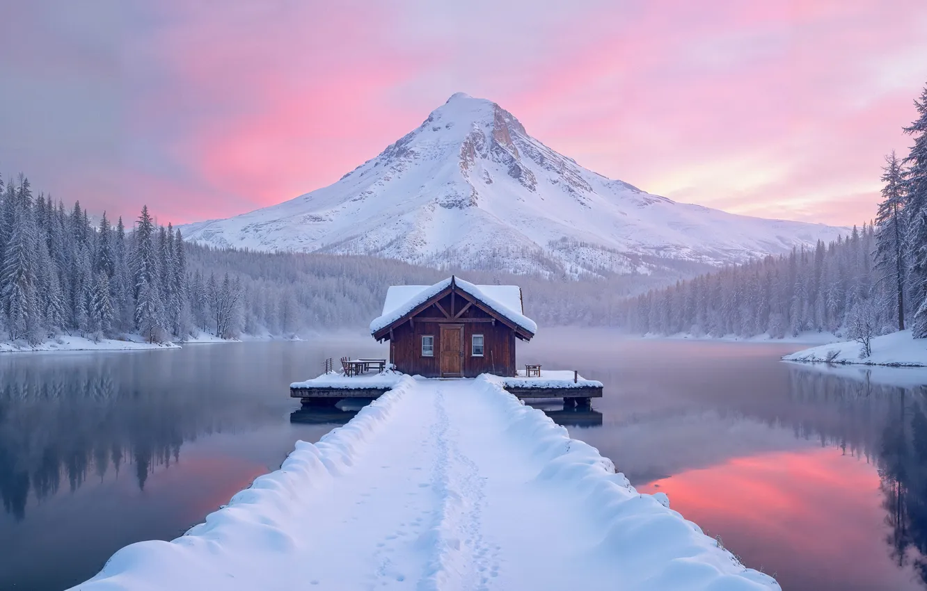Photo wallpaper winter, snow, mountains, nature, lake, river, hut, forest