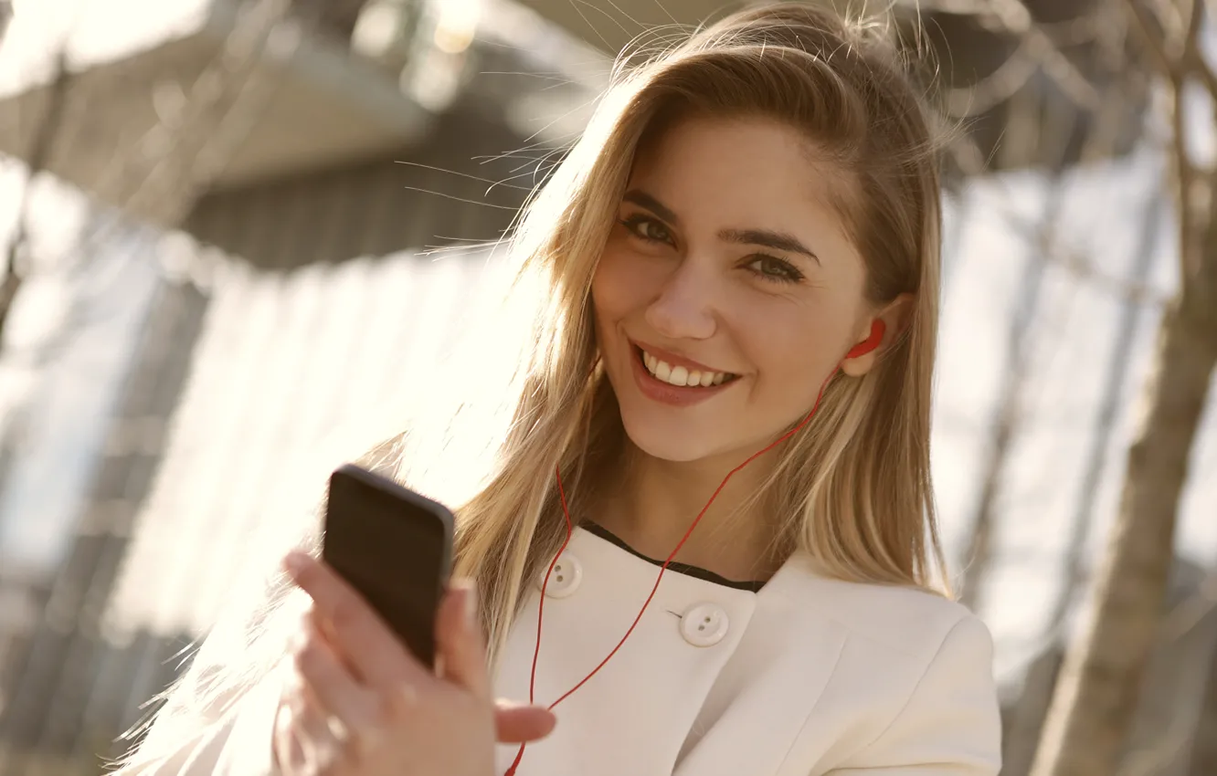 Photo wallpaper smile, beauty, positive, headphones, good mood, smile, headphones, beauty