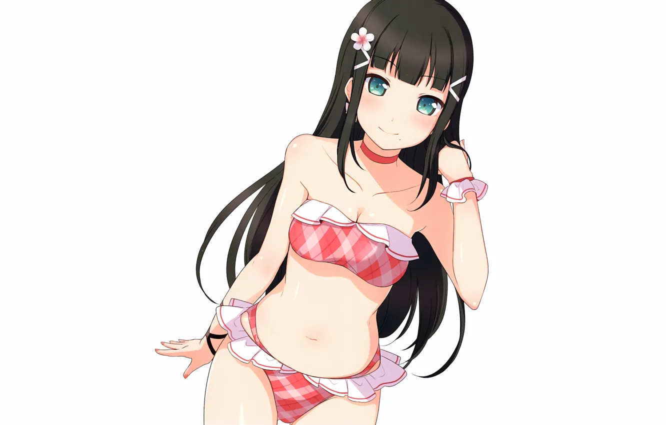 Photo wallpaper girl, sexy, cleavage, flower, green eyes, long hair, boobs, anime