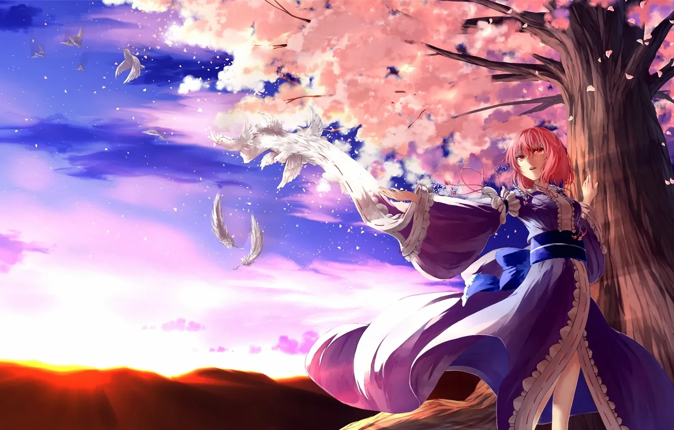 Photo wallpaper girl, trees, bird, Sakura, art, kimono, touhou, Saigyouji Yuyuko