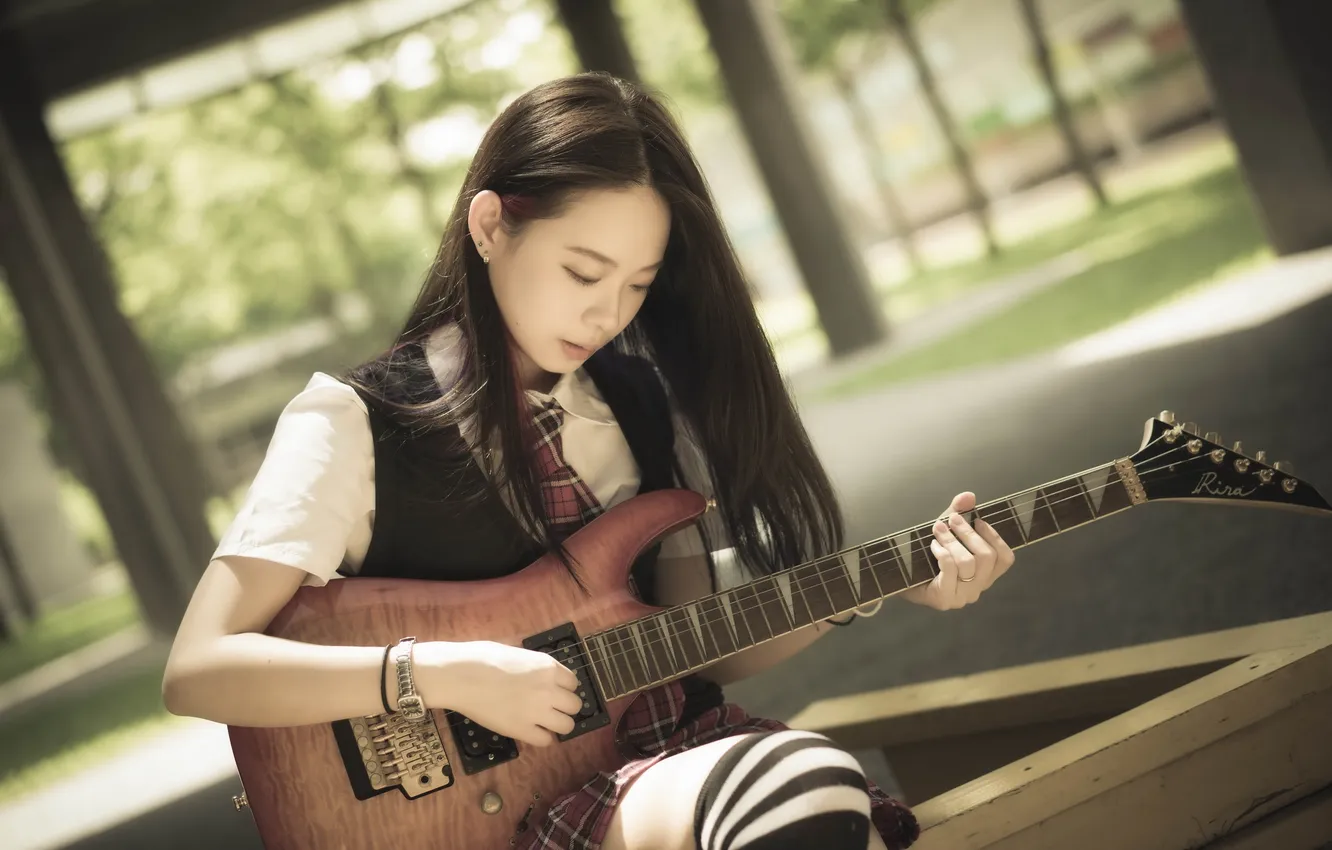Photo wallpaper girl, music, guitar, Asian