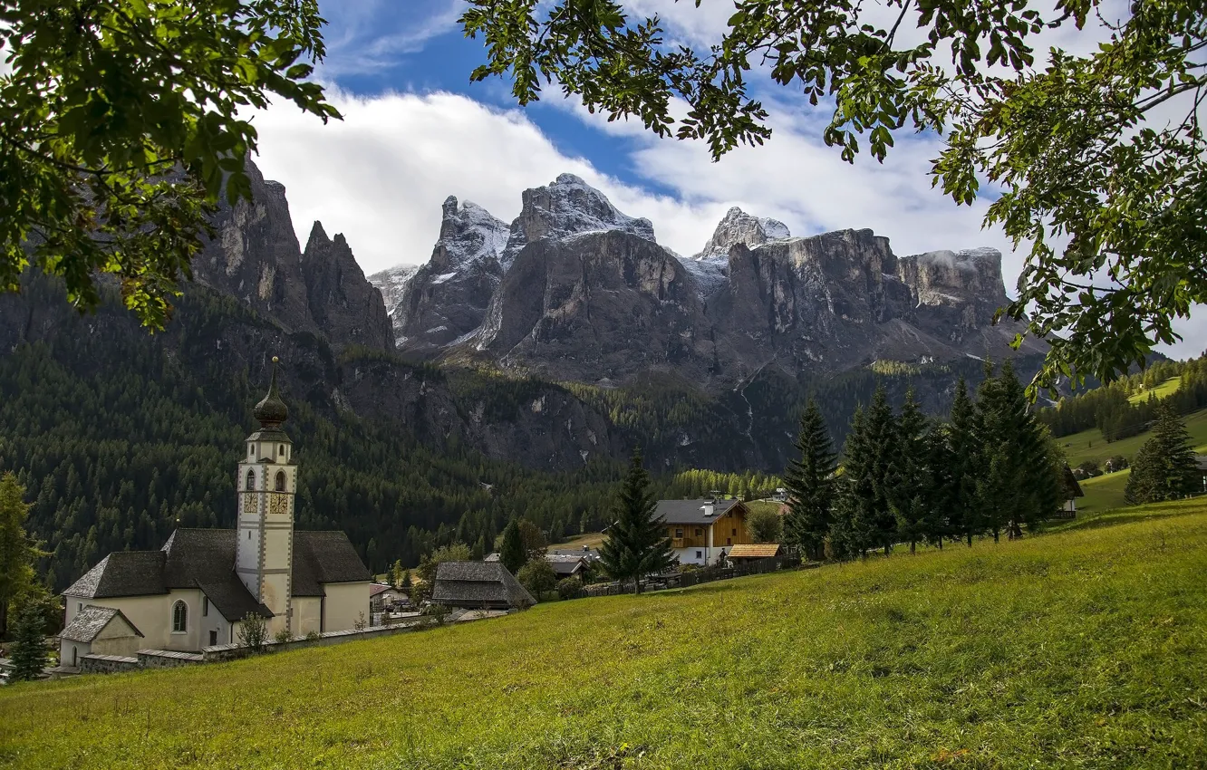 Photo wallpaper mountains, branches, home, village, Italy, Church, Italy, The Dolomites