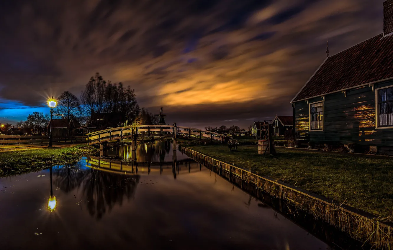 Photo wallpaper night, bridge, house, village, channel, Netherlands, windmill, Zaanse Schans