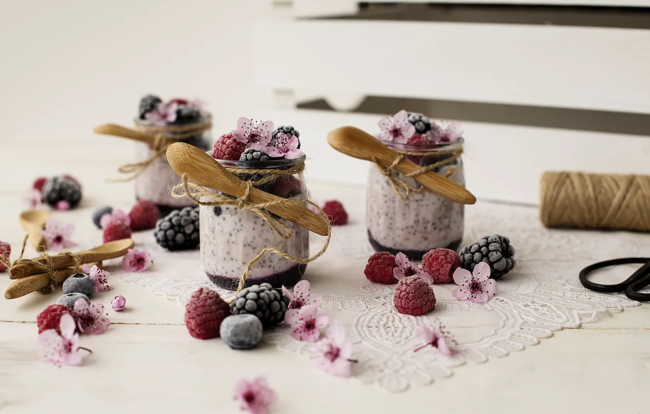 Photo wallpaper flowers, berries, dessert, spoon