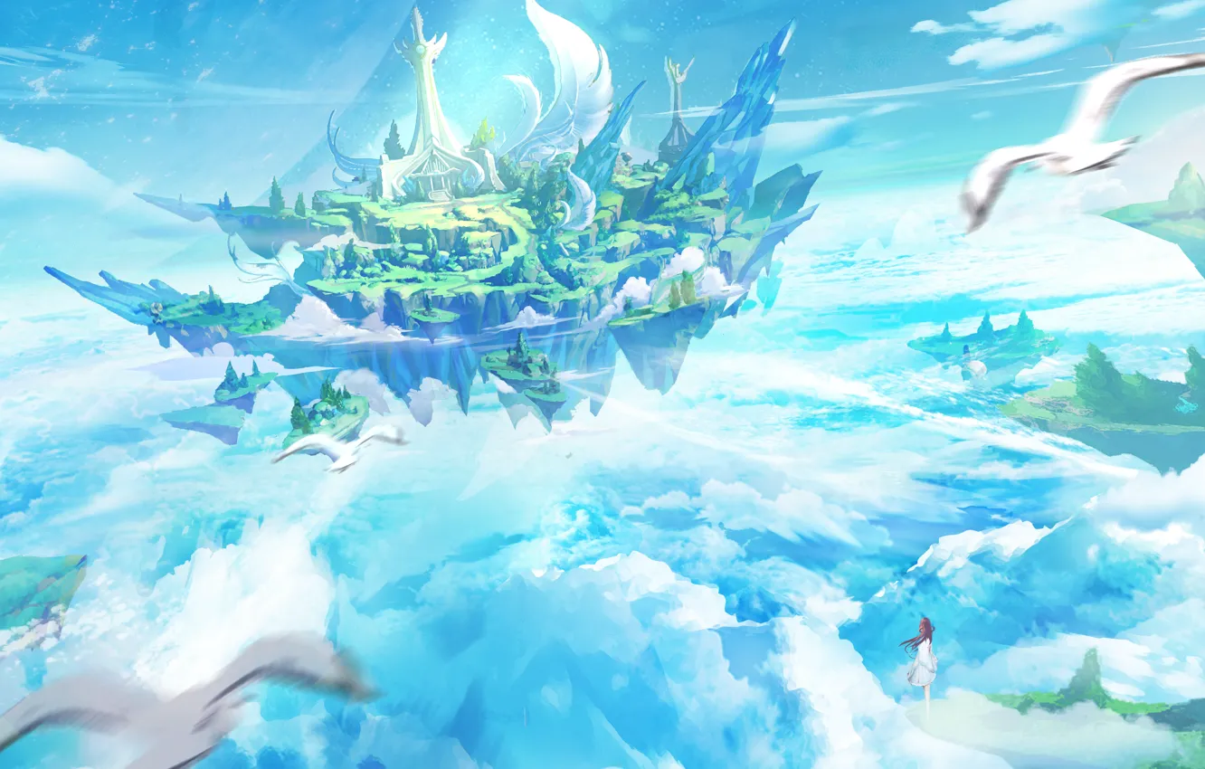 Photo wallpaper girl, clouds, the city, island, seagulls, fantasy