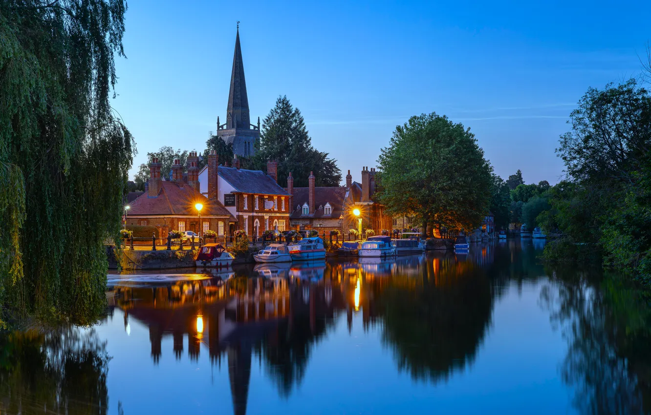 Photo wallpaper lights, river, nights, England, Thames, pier, town, pub