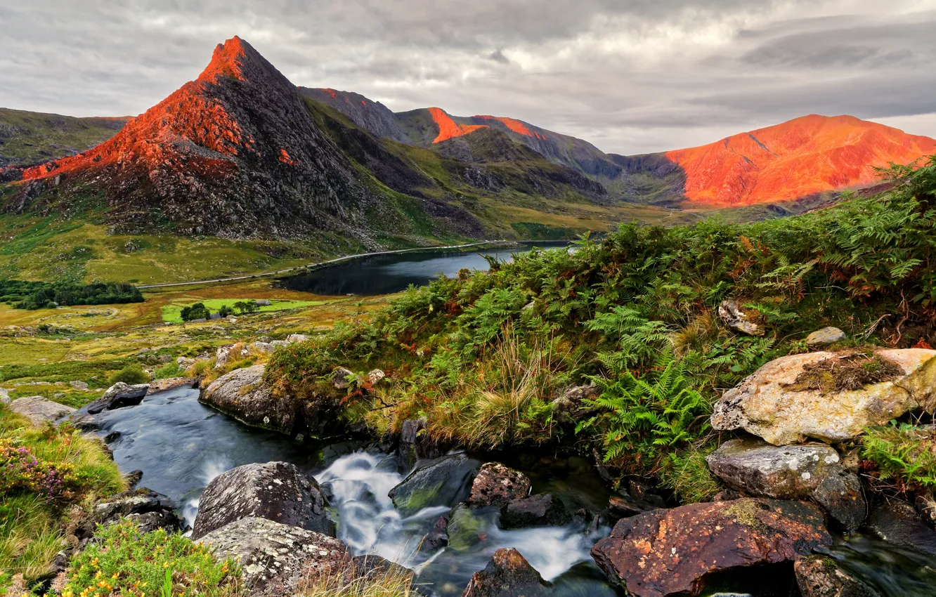 Photo wallpaper clouds, light, mountains, river, stones, hills, shore, view