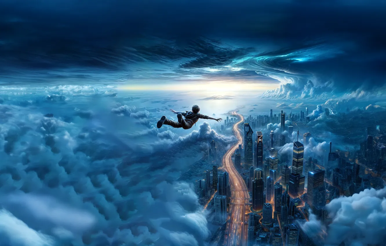 Photo wallpaper the sky, flight, night, the city, fog, blue, people, height